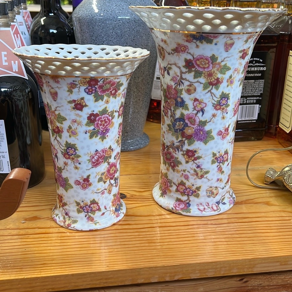 White and Pink Glass Art Vases with Floral Design